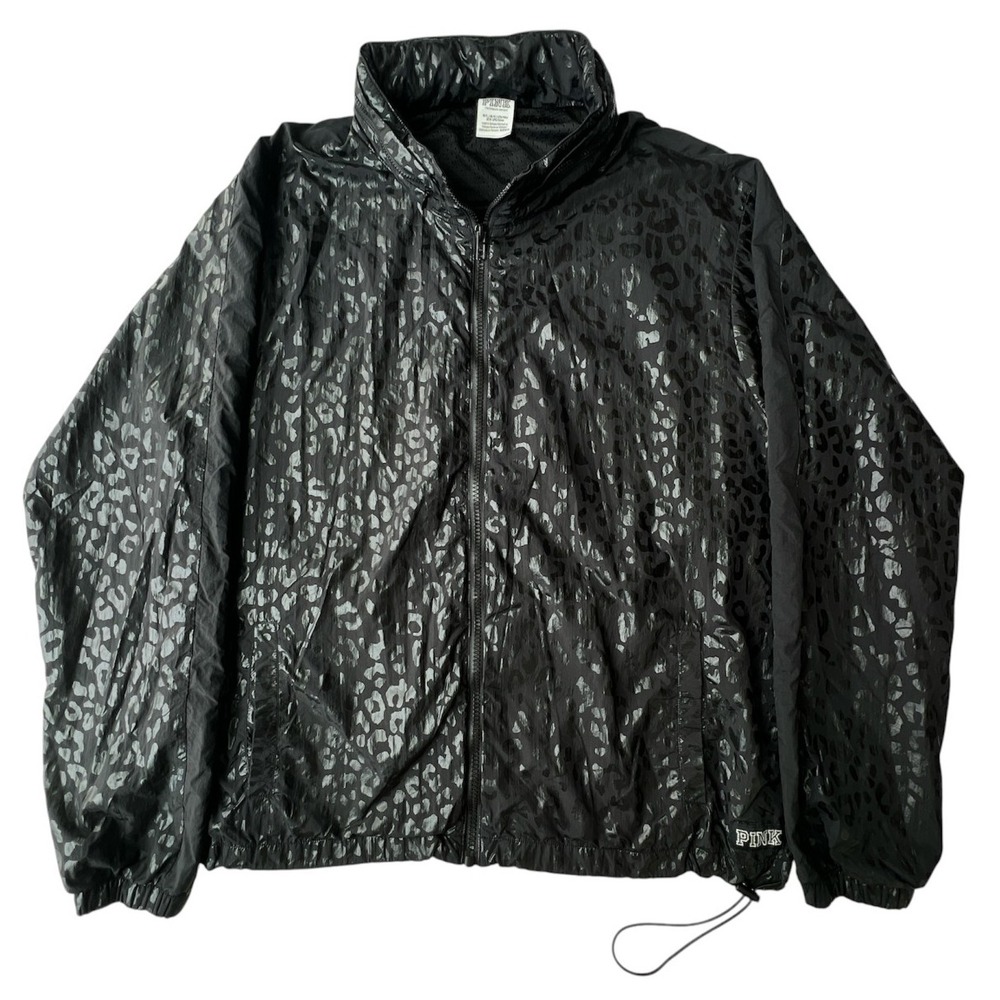 Victorias Secret PINK Track Jacket Womens M Leopard Black Windbreaker Y2K Street
